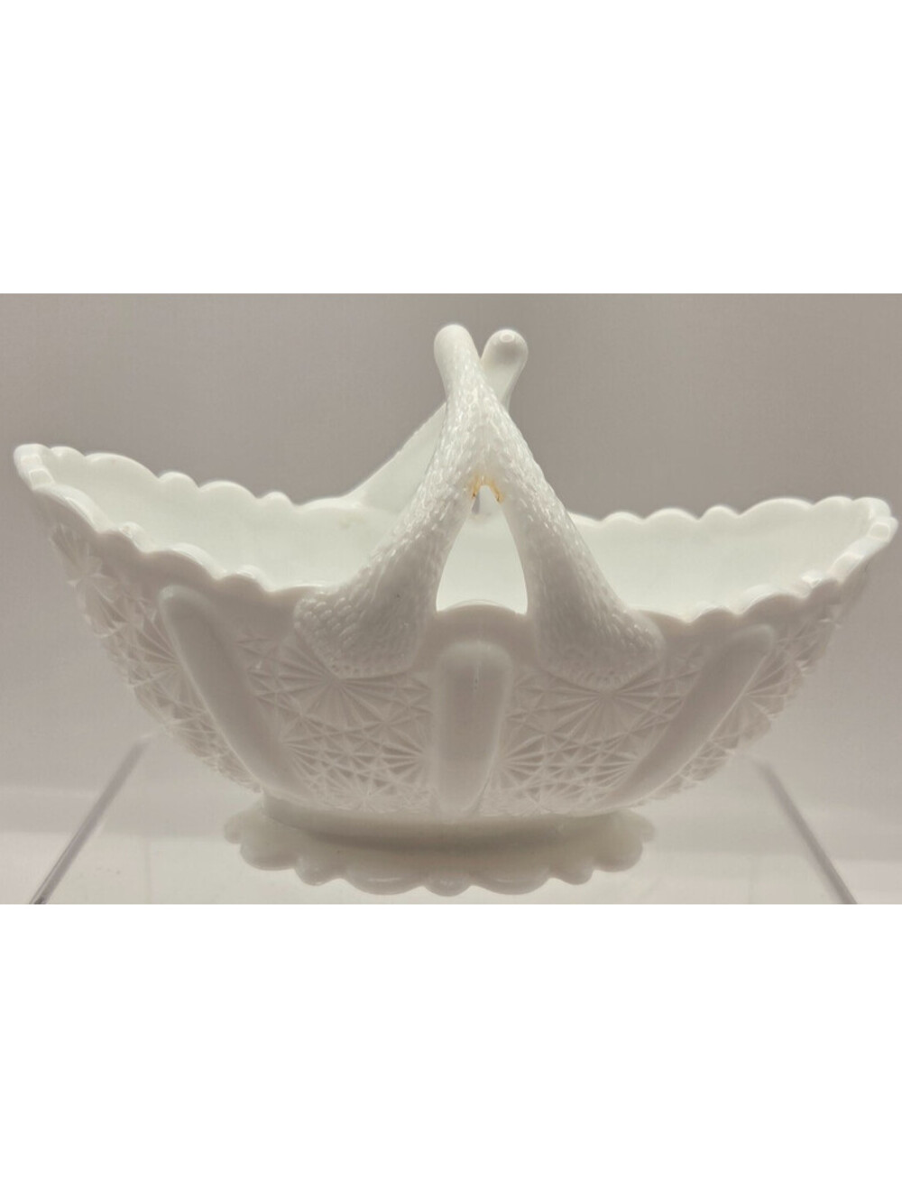 Vintage Milk Glass Swan Handle Basket Westmoreland Style Daisy Button Candy Dish